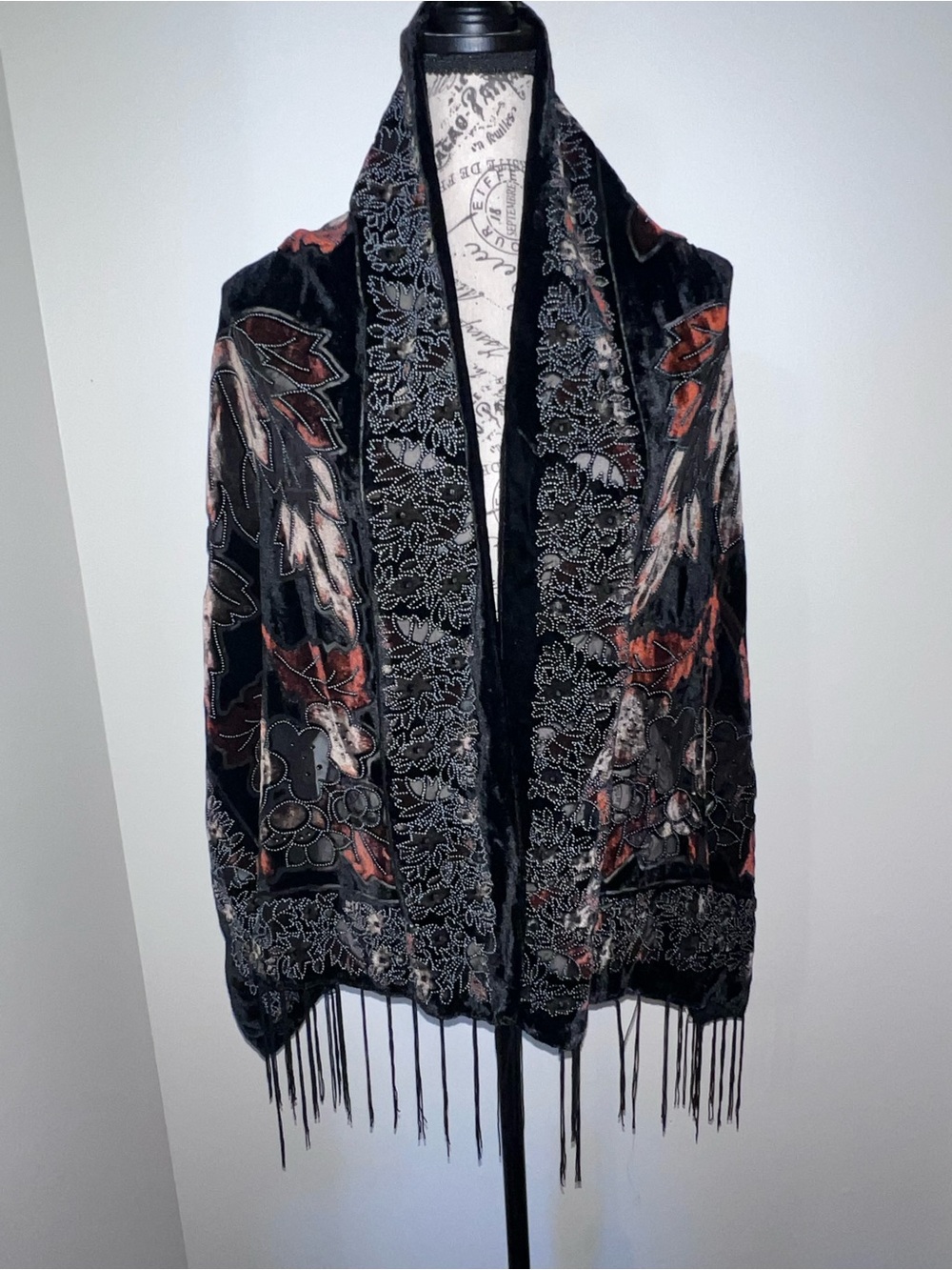 VTG Devore Burnout Velvet Beaded Fringe Shawl Wrap Black Rust